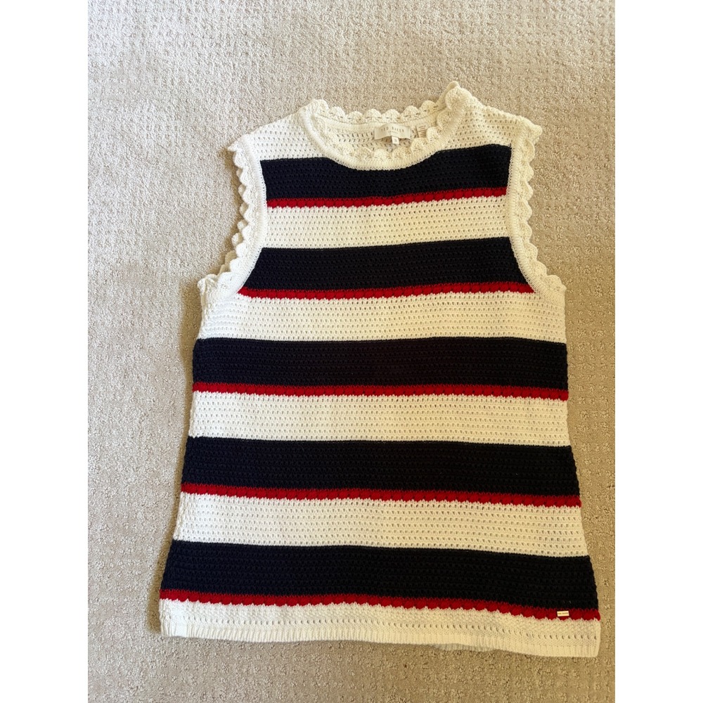 Ted Baker Sleveless Knit Top Women 3 Ivory Blue Red Striped Scallop Nautical